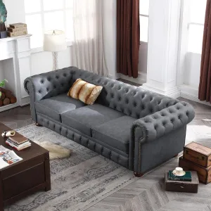 ERYE Clasic Chesterfield 3 Seaters Sofa Couch Luxury Roller Armrest,Special Soild Wood Legs, Faux Leather Upholstered Button Tufted Sofa&Couch with Removable Cushions & Nailhead Decor