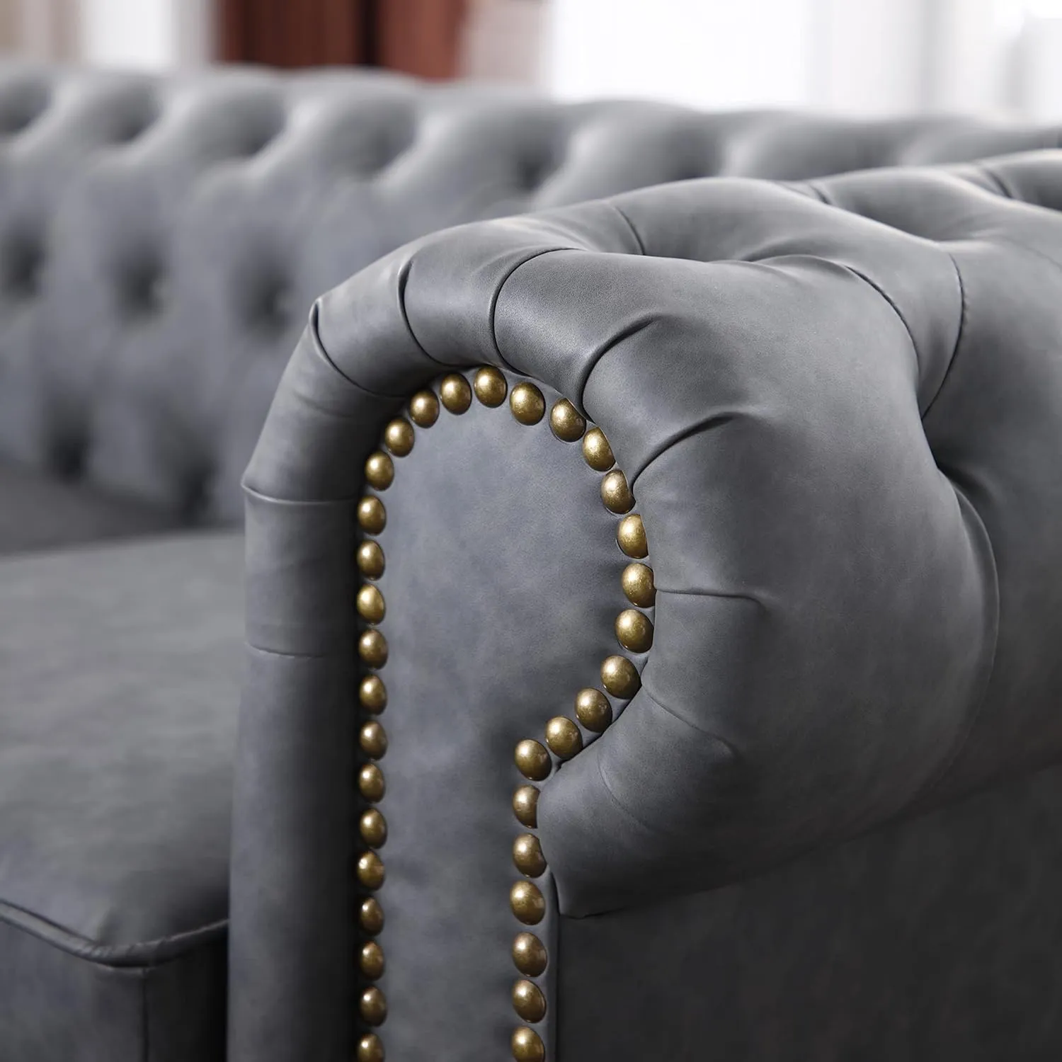 ERYE Clasic Chesterfield 3 Seaters Sofa Couch Luxury Roller Armrest,Special Soild Wood Legs, Faux Leather Upholstered Button Tufted Sofa&Couch with Removable Cushions & Nailhead Decor