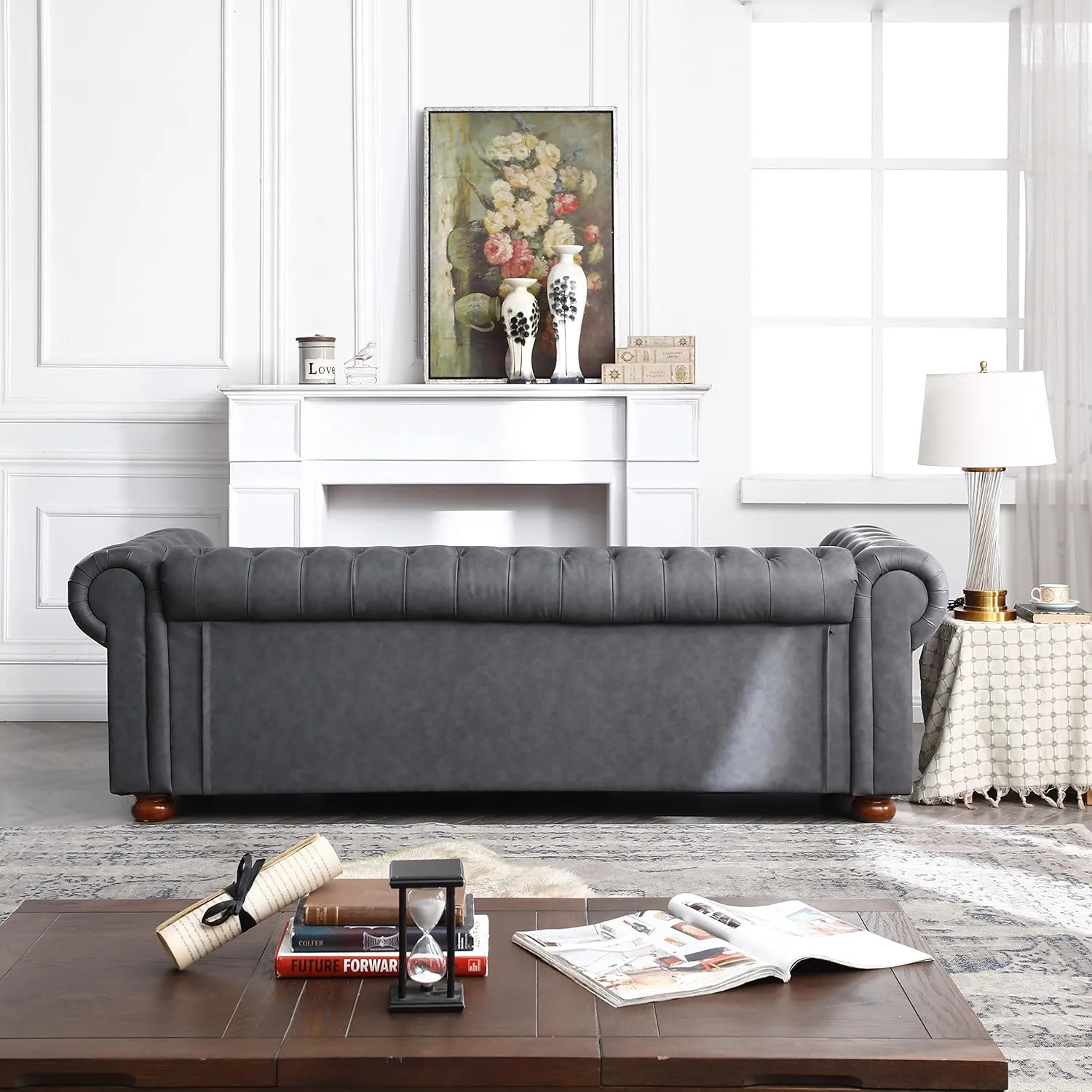 ERYE Clasic Chesterfield 3 Seaters Sofa Couch Luxury Roller Armrest,Special Soild Wood Legs, Faux Leather Upholstered Button Tufted Sofa&Couch with Removable Cushions & Nailhead Decor