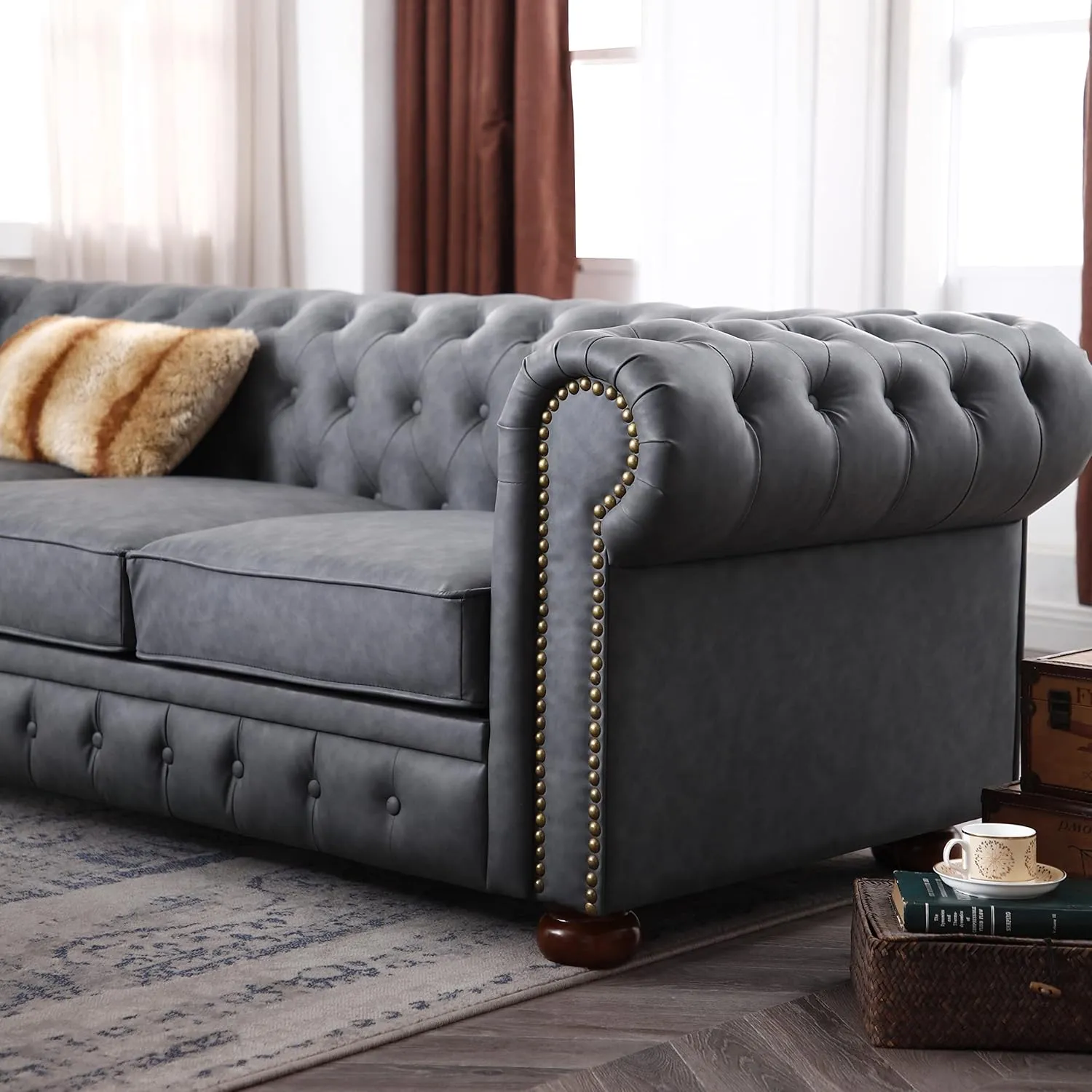 ERYE Clasic Chesterfield 3 Seaters Sofa Couch Luxury Roller Armrest,Special Soild Wood Legs, Faux Leather Upholstered Button Tufted Sofa&Couch with Removable Cushions & Nailhead Decor