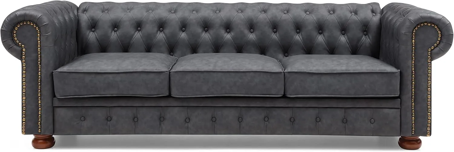 ERYE Clasic Chesterfield 3 Seaters Sofa Couch Luxury Roller Armrest,Special Soild Wood Legs, Faux Leather Upholstered Button Tufted Sofa&Couch with Removable Cushions & Nailhead Decor