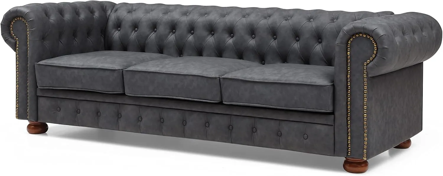 ERYE Clasic Chesterfield 3 Seaters Sofa Couch Luxury Roller Armrest,Special Soild Wood Legs, Faux Leather Upholstered Button Tufted Sofa&Couch with Removable Cushions & Nailhead Decor