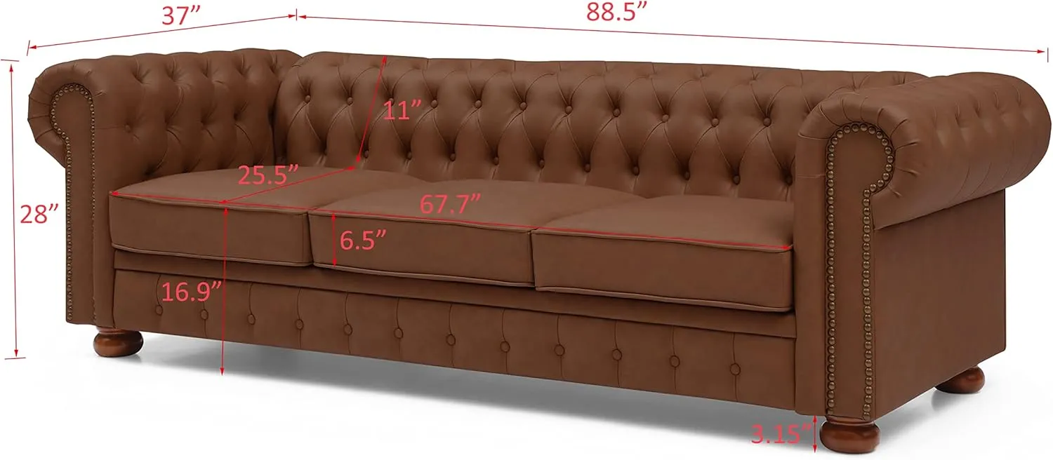 ERYE Clasic Chesterfield 3 Seaters Sofa Couch W/Luxury Roller Armrest Soild Wood Legs Faux Leather Upholstered Button Tufted Sofa&Couch with Removable Cushions & Nailhead Decor