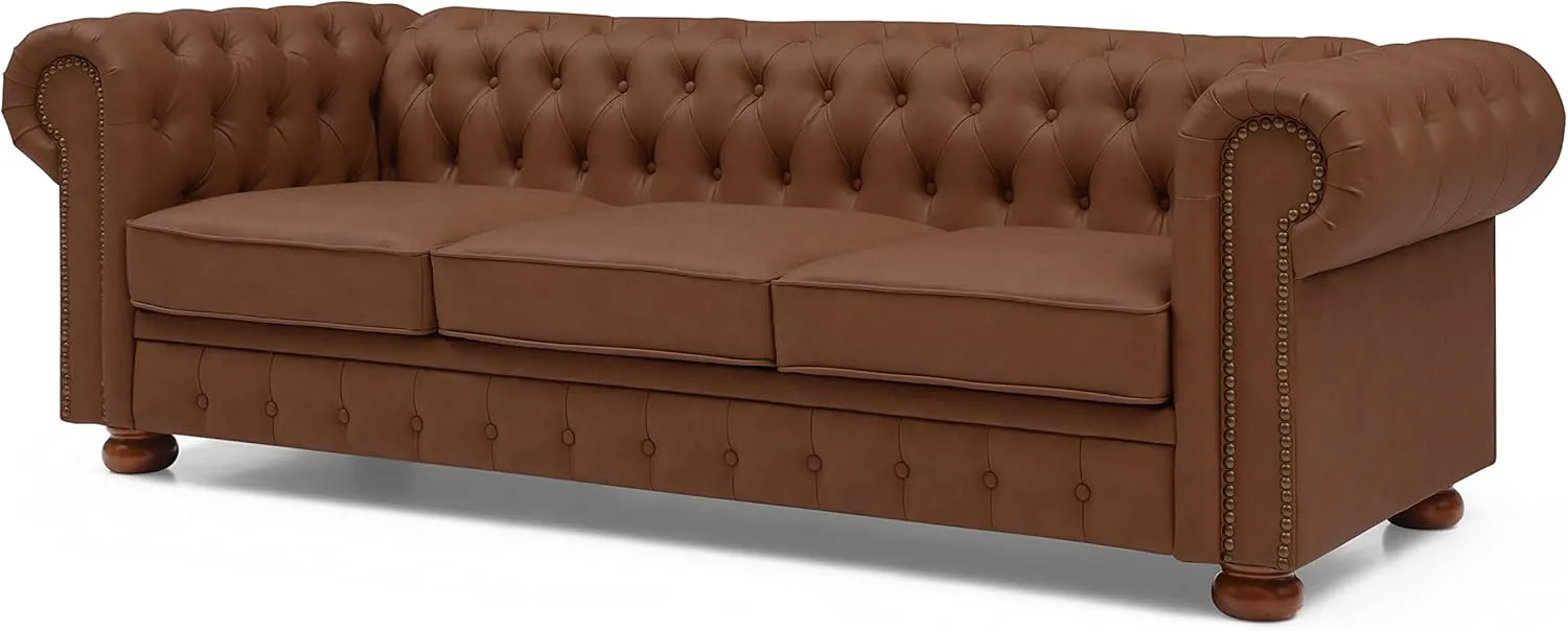 ERYE Clasic Chesterfield 3 Seaters Sofa Couch W/Luxury Roller Armrest Soild Wood Legs Faux Leather Upholstered Button Tufted Sofa&Couch with Removable Cushions & Nailhead Decor