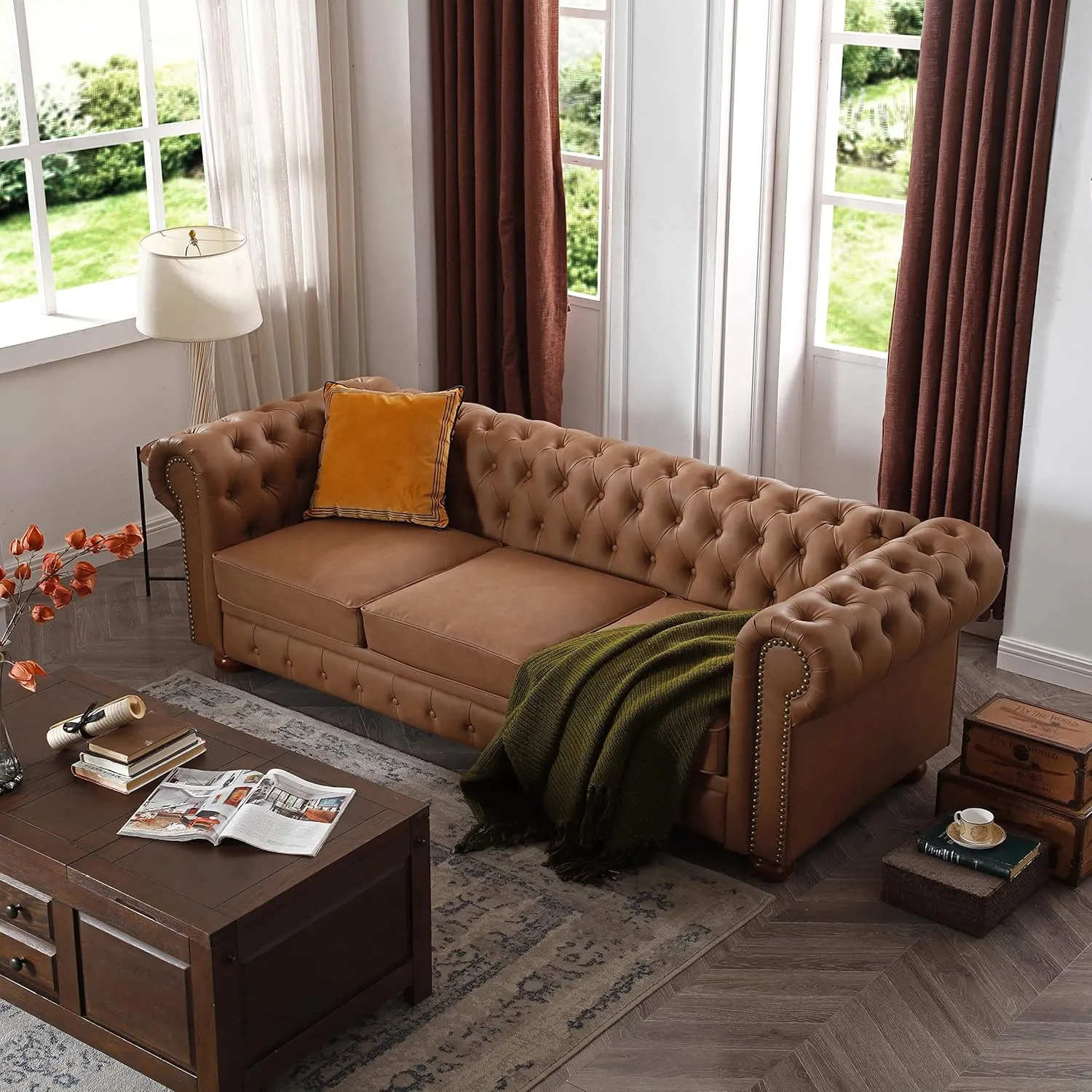 ERYE Clasic Chesterfield 3 Seaters Sofa Couch W/Luxury Roller Armrest Soild Wood Legs Faux Leather Upholstered Button Tufted Sofa&Couch with Removable Cushions & Nailhead Decor