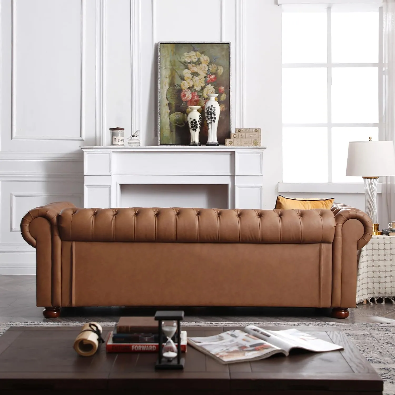 ERYE Clasic Chesterfield 3 Seaters Sofa Couch W/Luxury Roller Armrest Soild Wood Legs Faux Leather Upholstered Button Tufted Sofa&Couch with Removable Cushions & Nailhead Decor