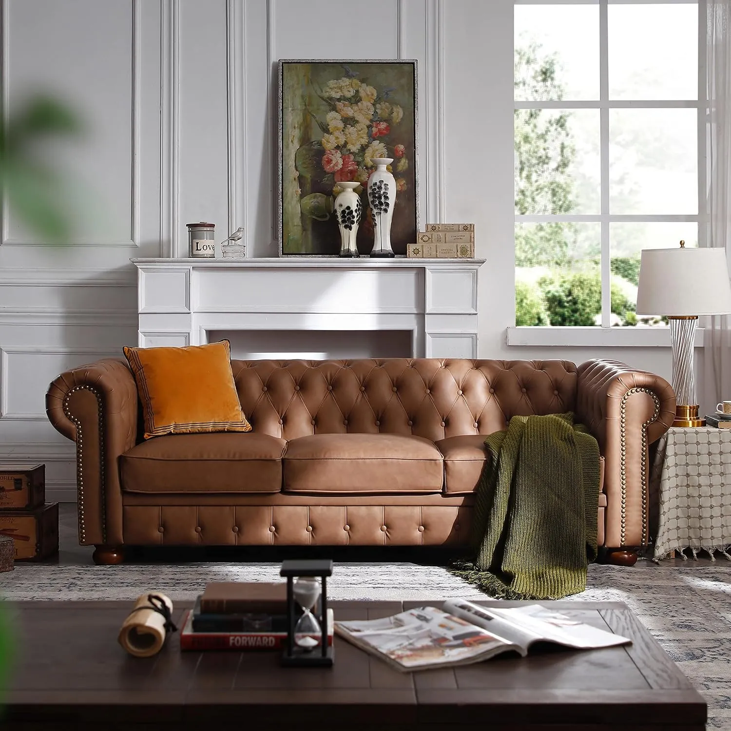 ERYE Clasic Chesterfield 3 Seaters Sofa Couch W/Luxury Roller Armrest Soild Wood Legs Faux Leather Upholstered Button Tufted Sofa&Couch with Removable Cushions & Nailhead Decor