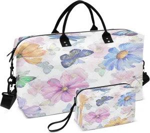 Exnundod Women Weekender Bags Delicate Flowers and Butterflies Travel Duffel Bags Carry On Overnight Bag Watercolor Large Hospital Tote Luggage