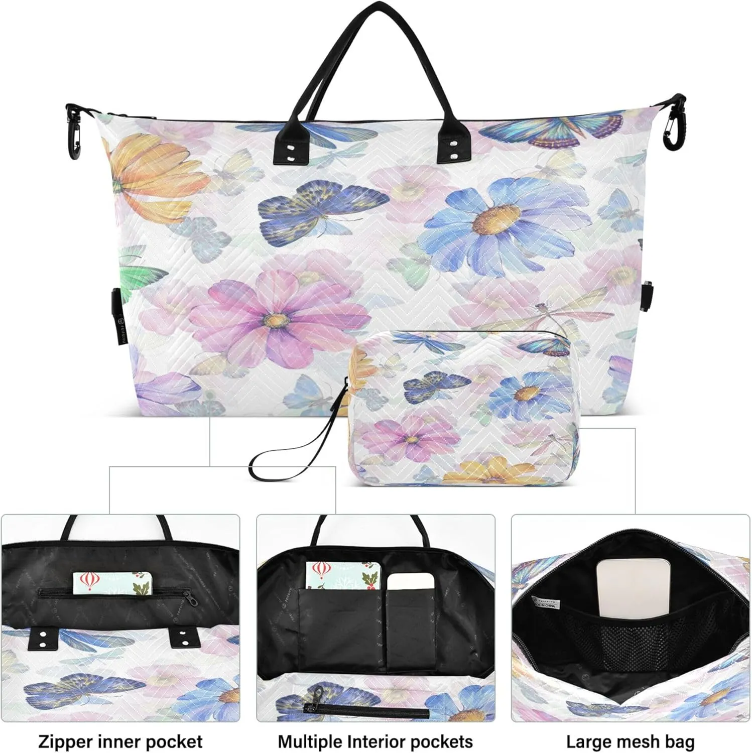 Exnundod Women Weekender Bags Delicate Flowers and Butterflies Travel Duffel Bags Carry On Overnight Bag Watercolor Large Hospital Tote Luggage