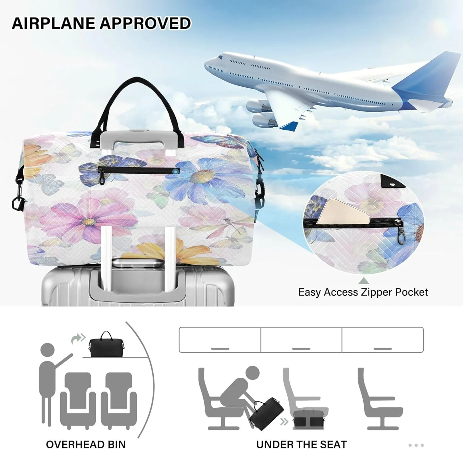 Exnundod Women Weekender Bags Delicate Flowers and Butterflies Travel Duffel Bags Carry On Overnight Bag Watercolor Large Hospital Tote Luggage