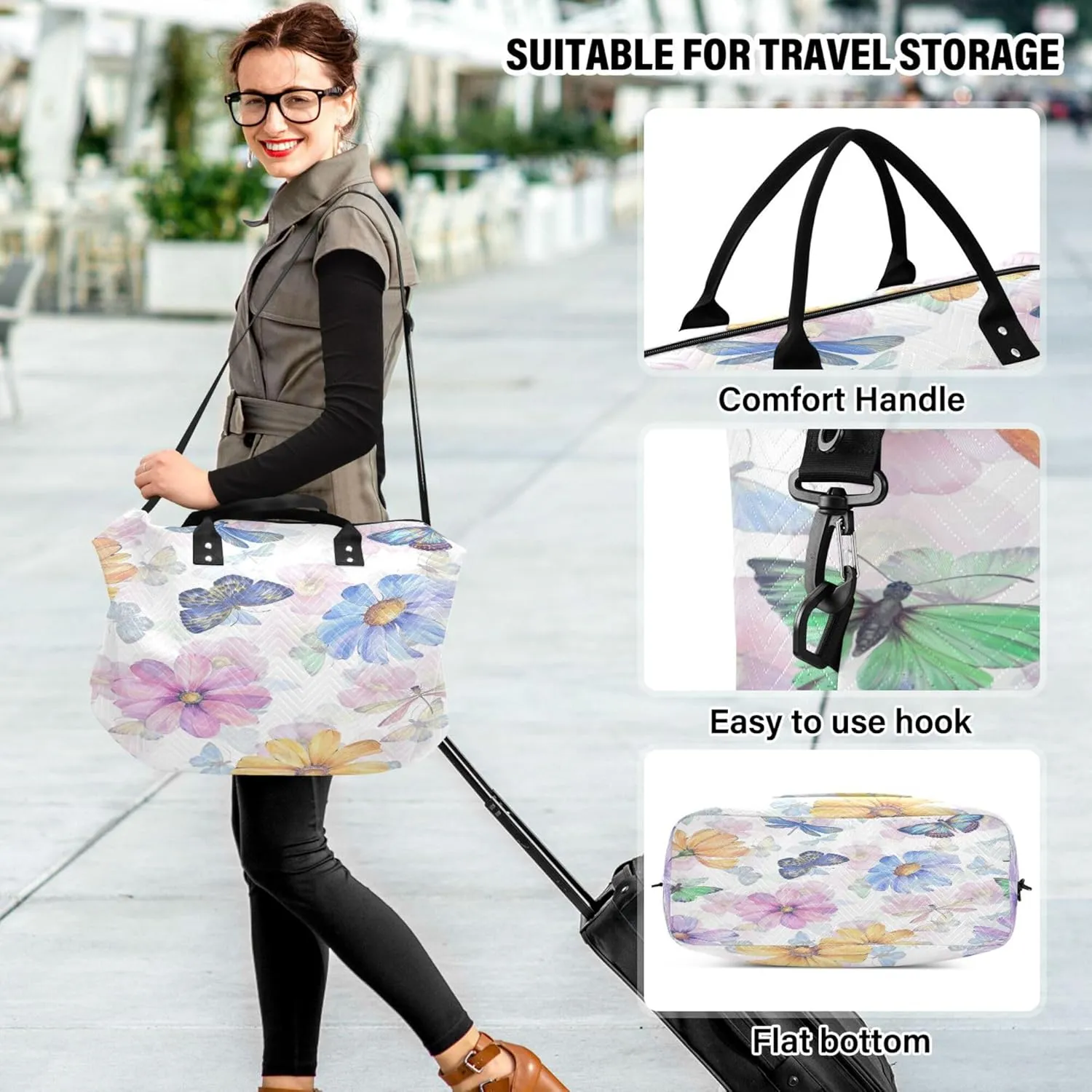 Exnundod Women Weekender Bags Delicate Flowers and Butterflies Travel Duffel Bags Carry On Overnight Bag Watercolor Large Hospital Tote Luggage