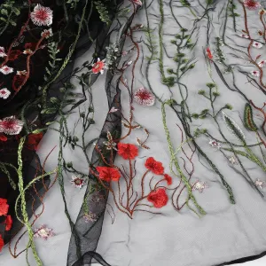 Exquisite Floral Embroidered Lace Fabric Flower Plant Tulle for Sewing Dress Gown Overlay Curtain Embellishment, 60 Inch Wide (2 Yards Precut, Black Background)