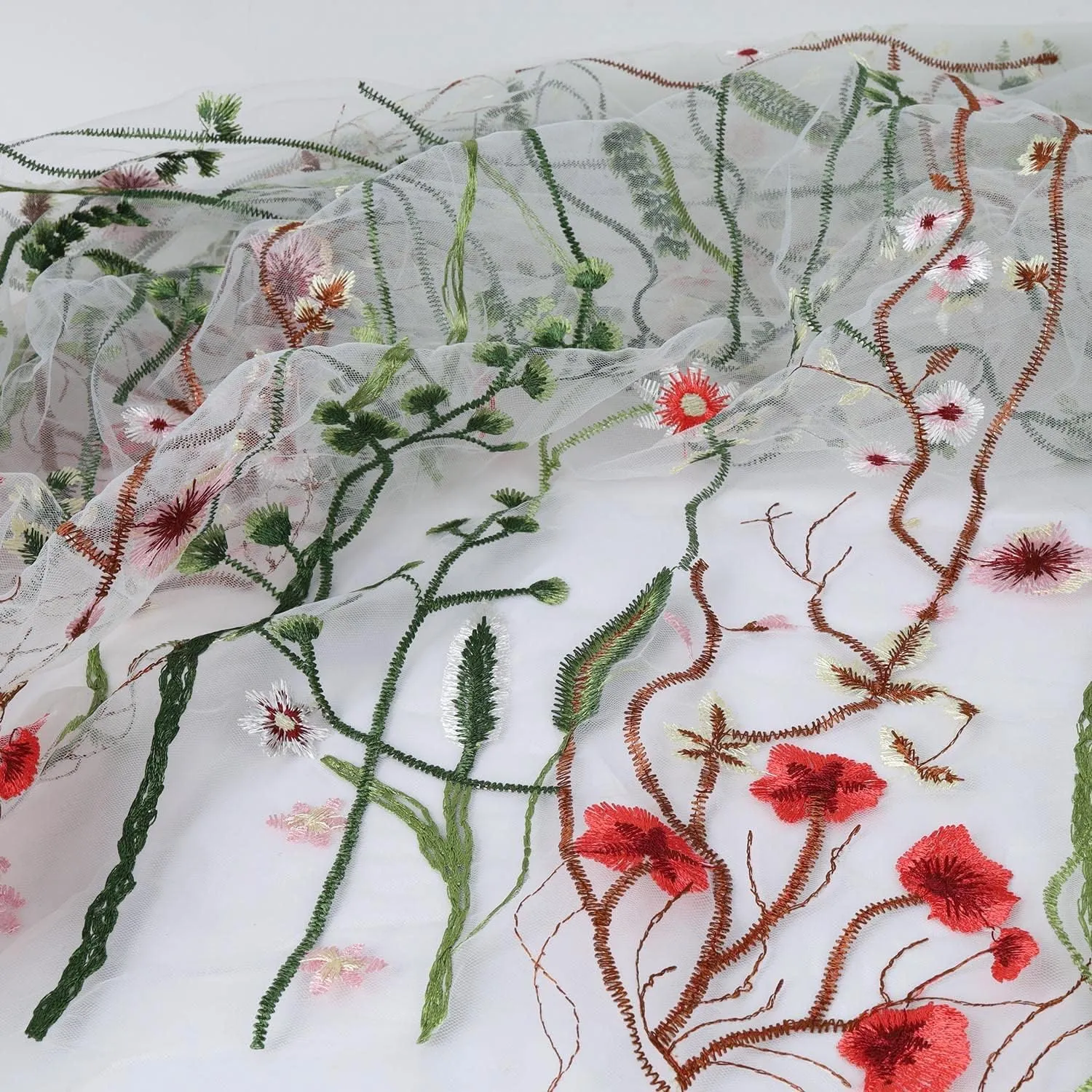 Exquisite Floral Embroidered Lace Fabric Flower Plant Tulle for Sewing Dress Gown Overlay Curtain Embellishment, 60 Inch Wide (2 Yards Precut, White Background)
