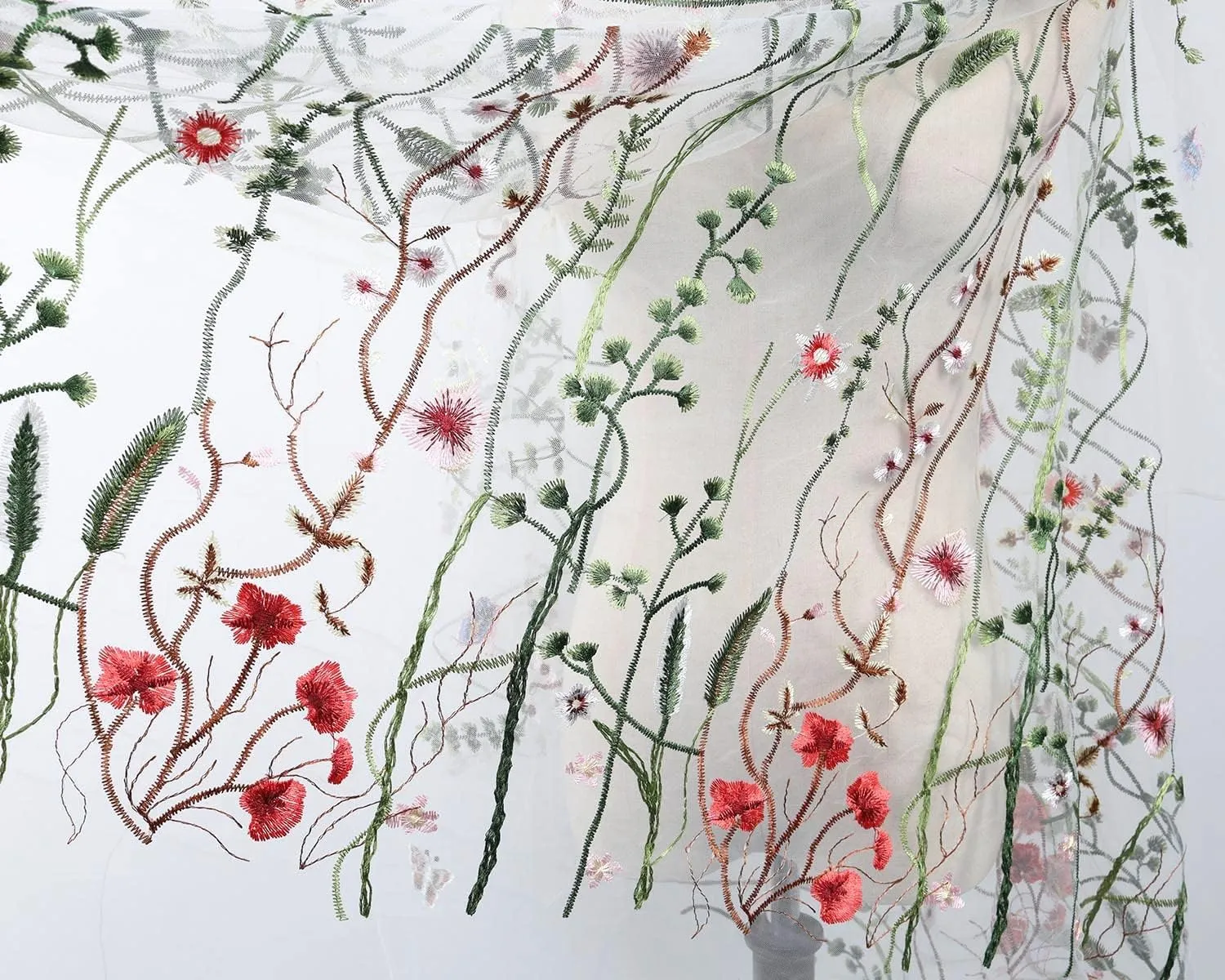 Exquisite Floral Embroidered Lace Fabric Flower Plant Tulle for Sewing Dress Gown Overlay Curtain Embellishment, 60 Inch Wide (2 Yards Precut, White Background)