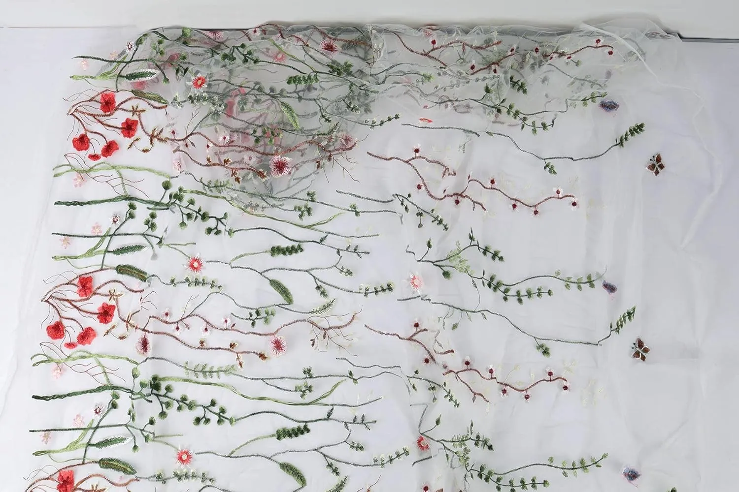 Exquisite Floral Embroidered Lace Fabric Flower Plant Tulle for Sewing Dress Gown Overlay Curtain Embellishment, 60 Inch Wide (2 Yards Precut, White Background)