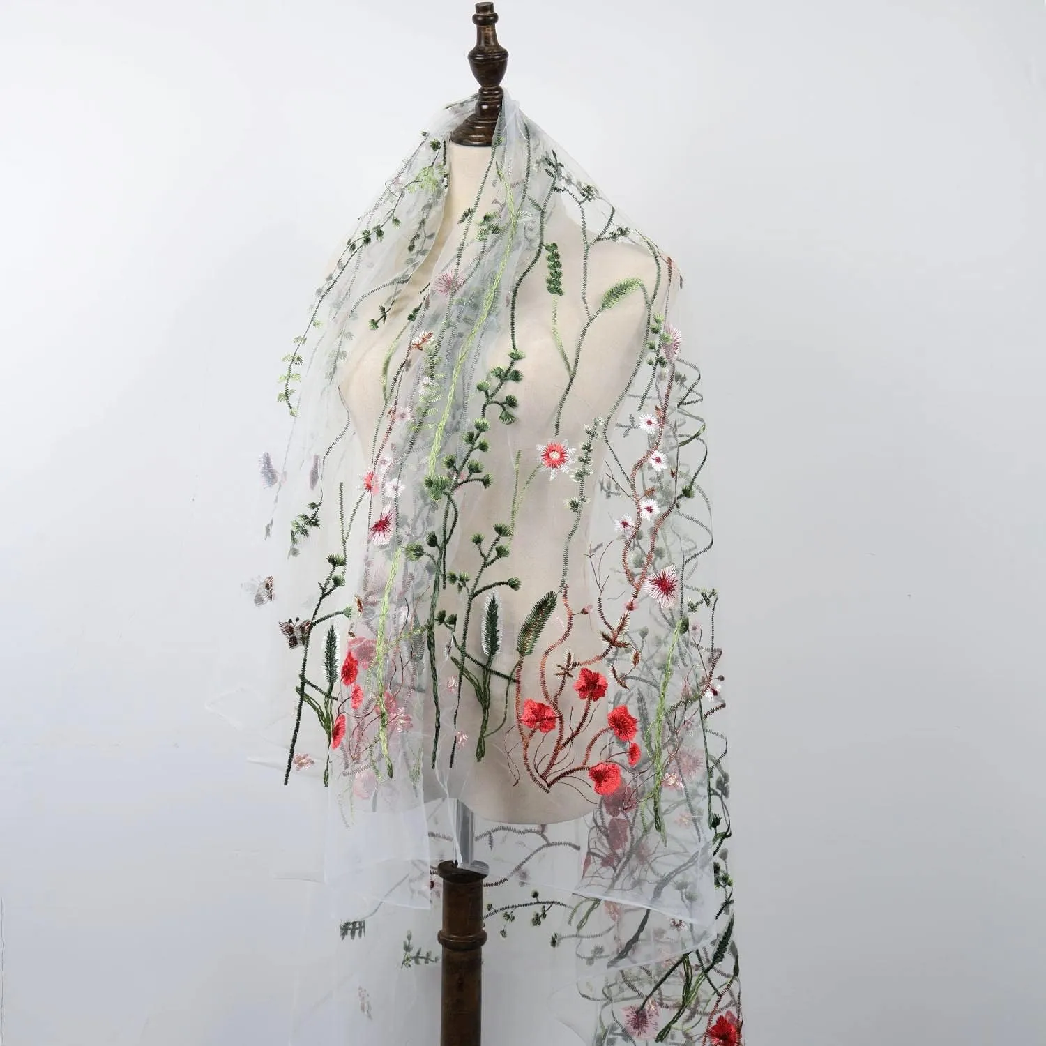 Exquisite Floral Embroidered Lace Fabric Flower Plant Tulle for Sewing Dress Gown Overlay Curtain Embellishment, 60 Inch Wide (2 Yards Precut, White Background)