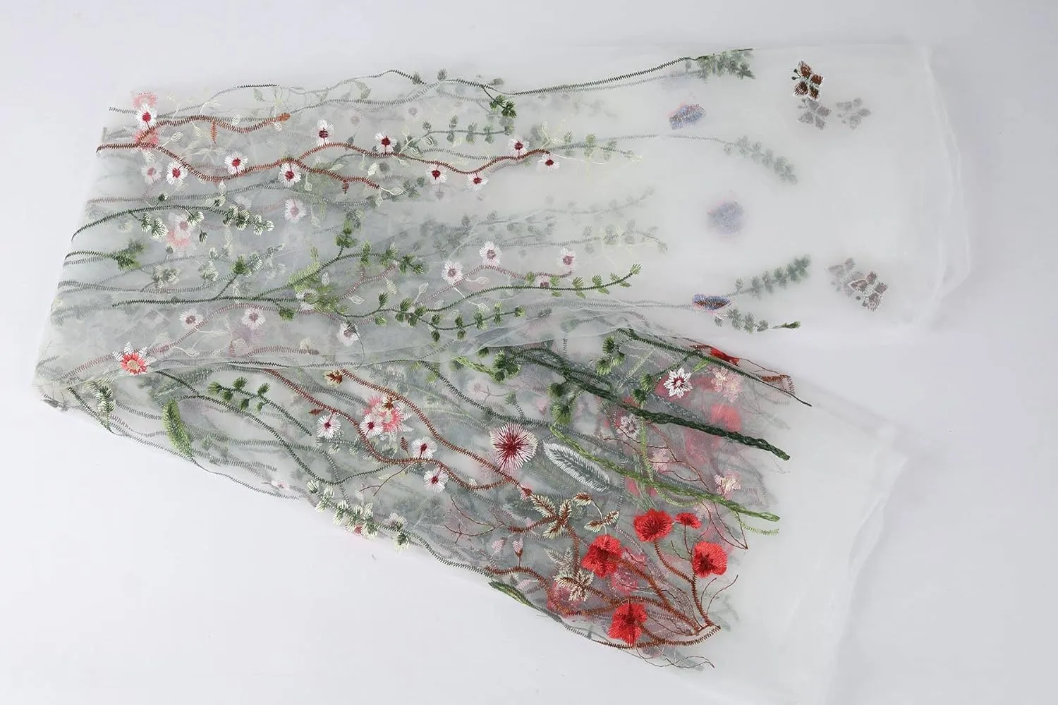 Exquisite Floral Embroidered Lace Fabric Flower Plant Tulle for Sewing Dress Gown Overlay Curtain Embellishment, 60 Inch Wide (2 Yards Precut, White Background)
