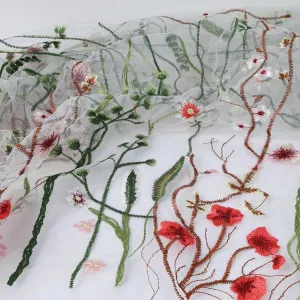 Exquisite Floral Embroidered Lace Fabric Flower Plant Tulle for Sewing Dress Gown Overlay Curtain Embellishment, 60 Inch Wide (2 Yards Precut, White Background)