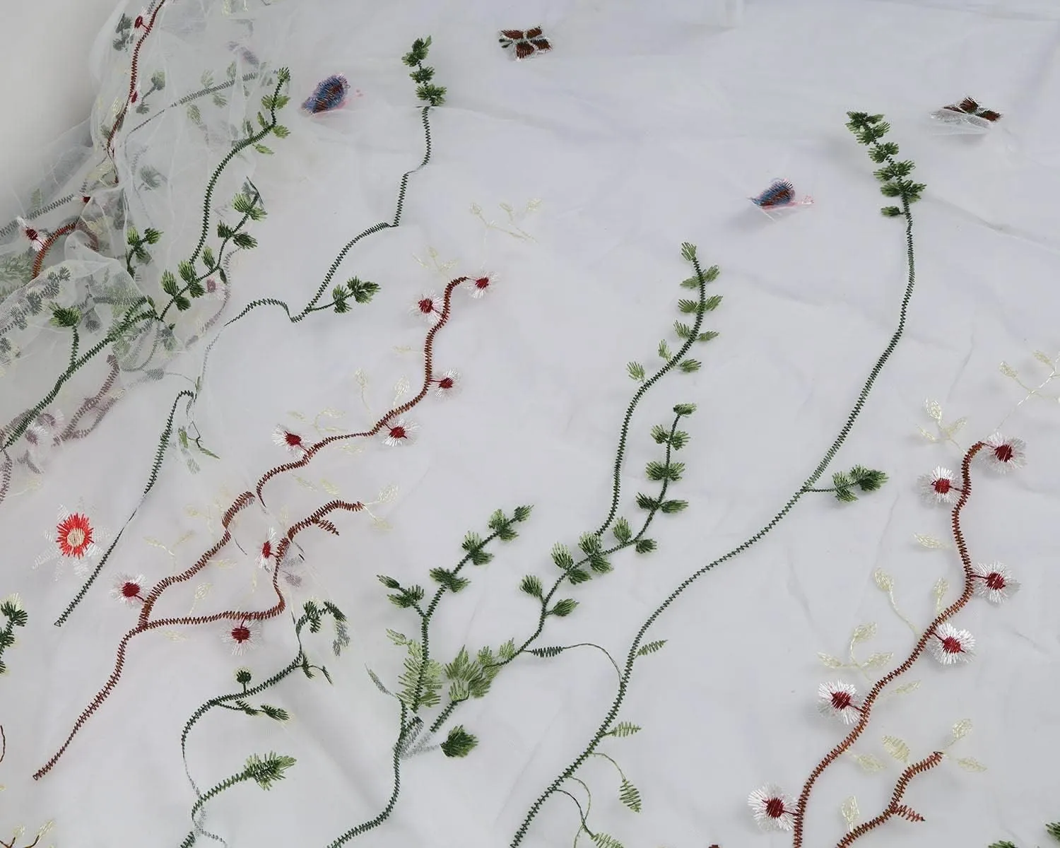 Exquisite Floral Embroidered Lace Fabric Flower Plant Tulle for Sewing Dress Gown Overlay Curtain Embellishment, 60 Inch Wide (2 Yards Precut, White Background)