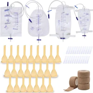 External Male catheters for Men, 24pcs Soft Latex Sets, 1 pcs 750 ml Leg Bag, 1 pcs1000 ml Leg Bag, 1 pcs 1500 ml Urine Bag, 1 pcs 2000 ml Urine Bag with 4 Rolls of Tape - Urine Collection (35mm)