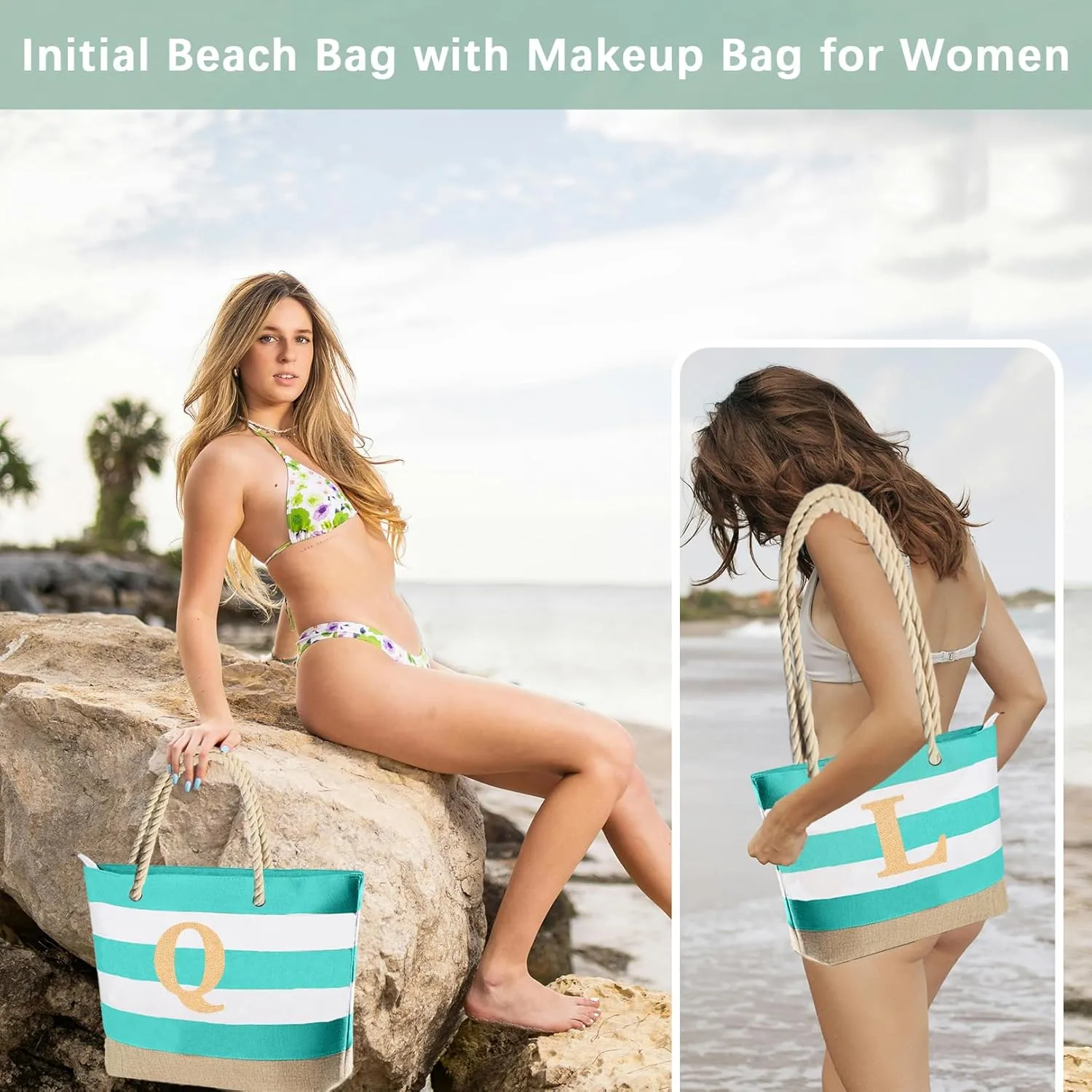 Extra Pool Beach Monogrammed Tote Bag with Zipper, Initial Birthday Travel Christmas Personalized Gifts for Women