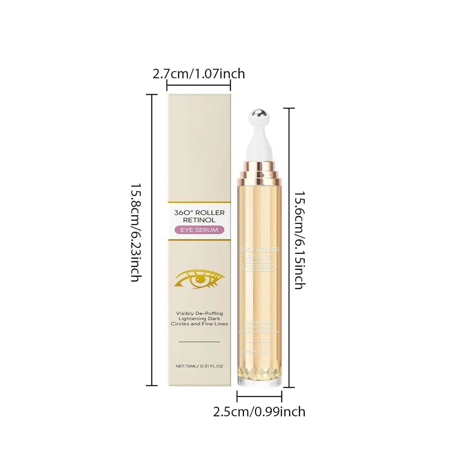 Eye serum with 5% caffeine and 5% retinol, anti-aging eye cream, reduces eye bags, wrinkles and fine lines, with 360° massage roller, hyaluronic acid peptide, hydrating and moisturizing