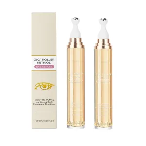 Eye serum with 5% caffeine and 5% retinol, anti-aging eye cream, reduces eye bags, wrinkles and fine lines, with 360° massage roller, hyaluronic acid peptide, hydrating and moisturizing