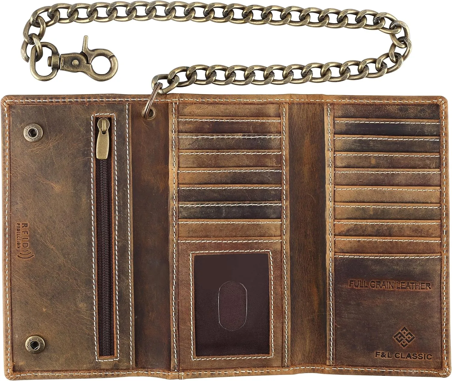 F&L CLASSIC RFID Blocking Mens Tri-fold Long Style Cowhide Leather Steel Chain Wallet,buffalo wax vintage leather,212 wax brown W/white stitching
