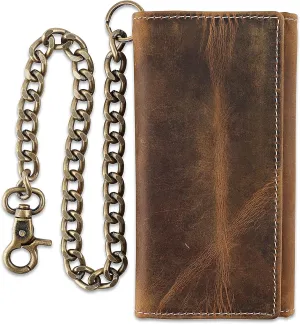 F&L CLASSIC RFID Blocking Mens Tri-fold Long Style Cowhide Leather Steel Chain Wallet,buffalo wax vintage leather,212 wax brown W/white stitching