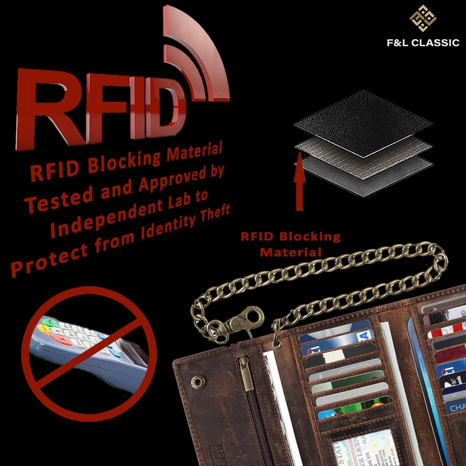 F&L CLASSIC RFID Blocking Mens Tri-fold Long Style Cowhide Leather Steel Chain Wallet,buffalo wax vintage leather,212 wax brown W/white stitching