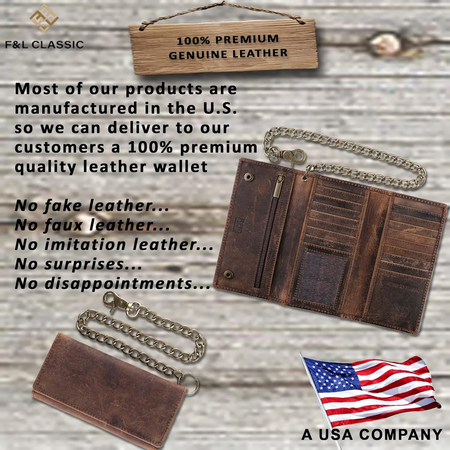 F&L CLASSIC RFID Blocking Mens Tri-fold Long Style Cowhide Leather Steel Chain Wallet,buffalo wax vintage leather,212 wax brown W/white stitching
