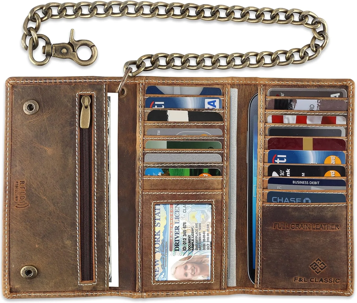 F&L CLASSIC RFID Blocking Mens Tri-fold Long Style Cowhide Leather Steel Chain Wallet,buffalo wax vintage leather,212 wax brown W/white stitching