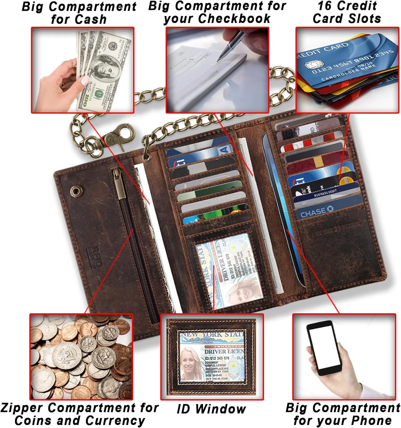 F&L CLASSIC RFID Blocking Mens Tri-fold Long Style Cowhide Leather Steel Chain Wallet,buffalo wax vintage leather,212 wax brown W/white stitching