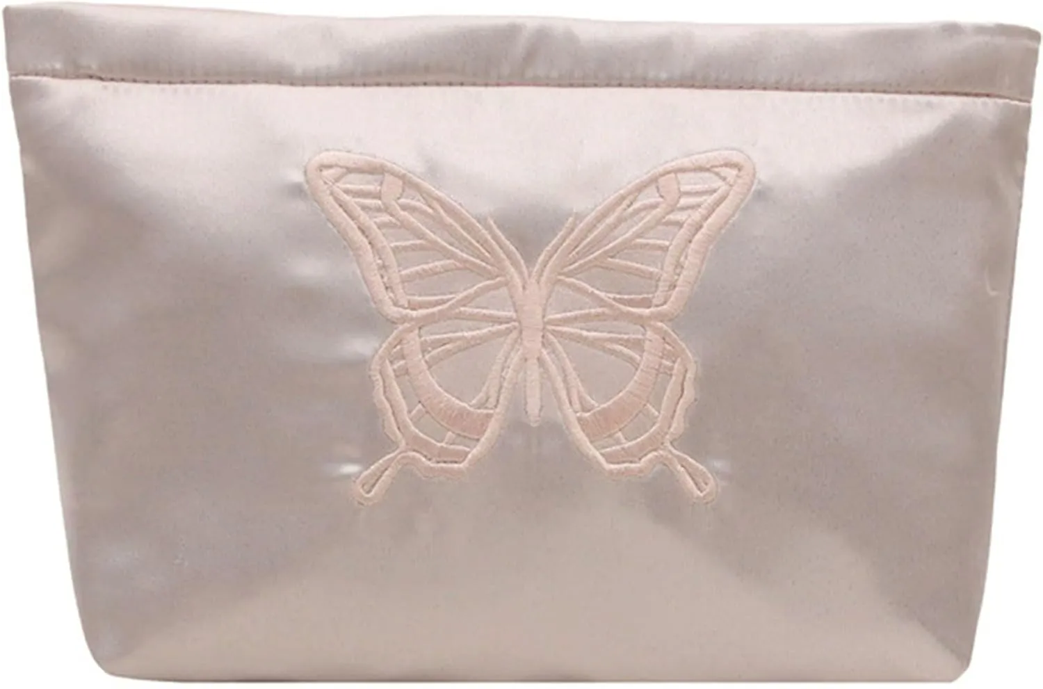 Fashion Satin Makeup bag with Butterfly Embroidery Cosmetic bag Cute Toiletry bag travel essentials (Light Pink)