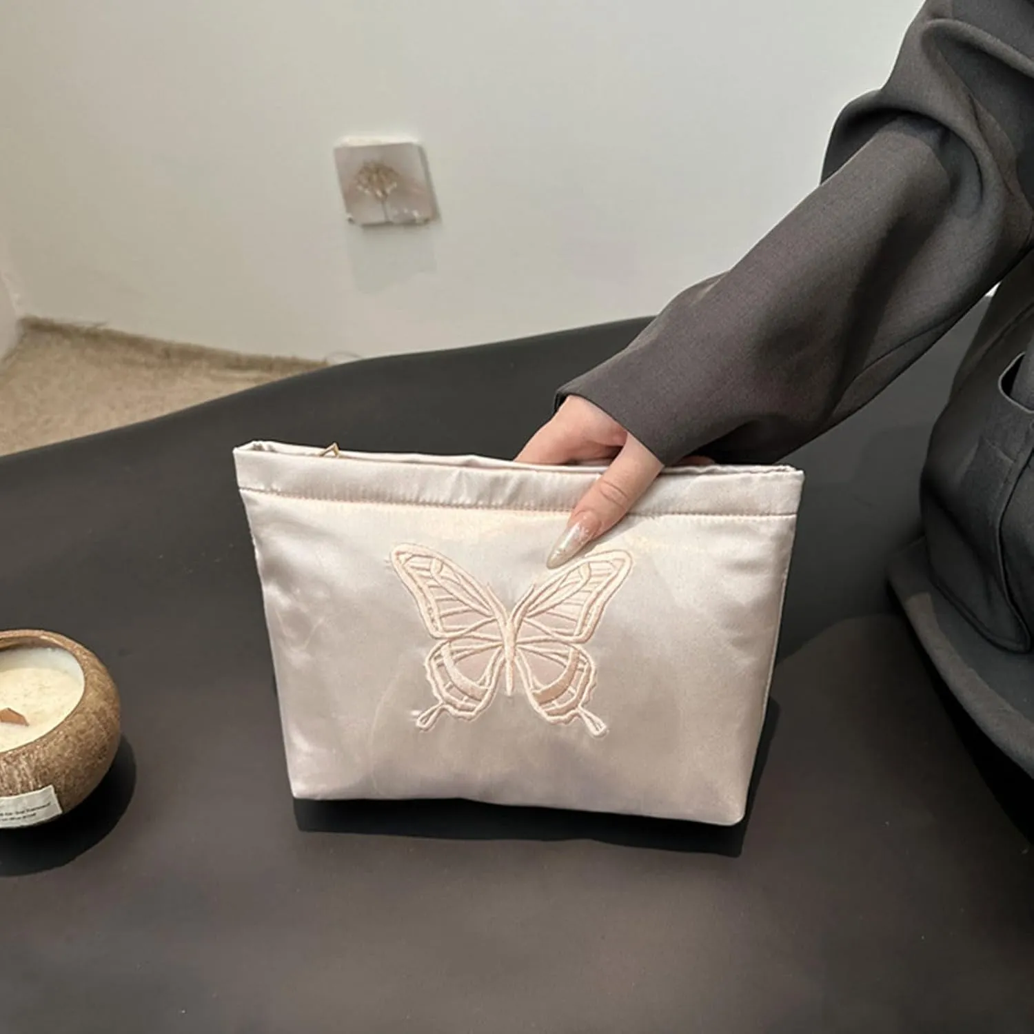 Fashion Satin Makeup bag with Butterfly Embroidery Cosmetic bag Cute Toiletry bag travel essentials (Light Pink)