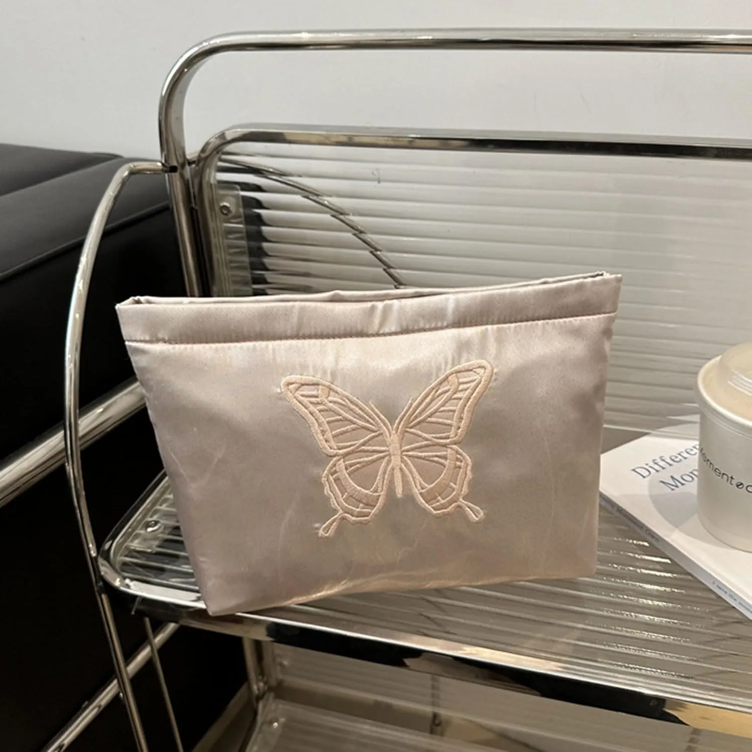 Fashion Satin Makeup bag with Butterfly Embroidery Cosmetic bag Cute Toiletry bag travel essentials (Light Pink)