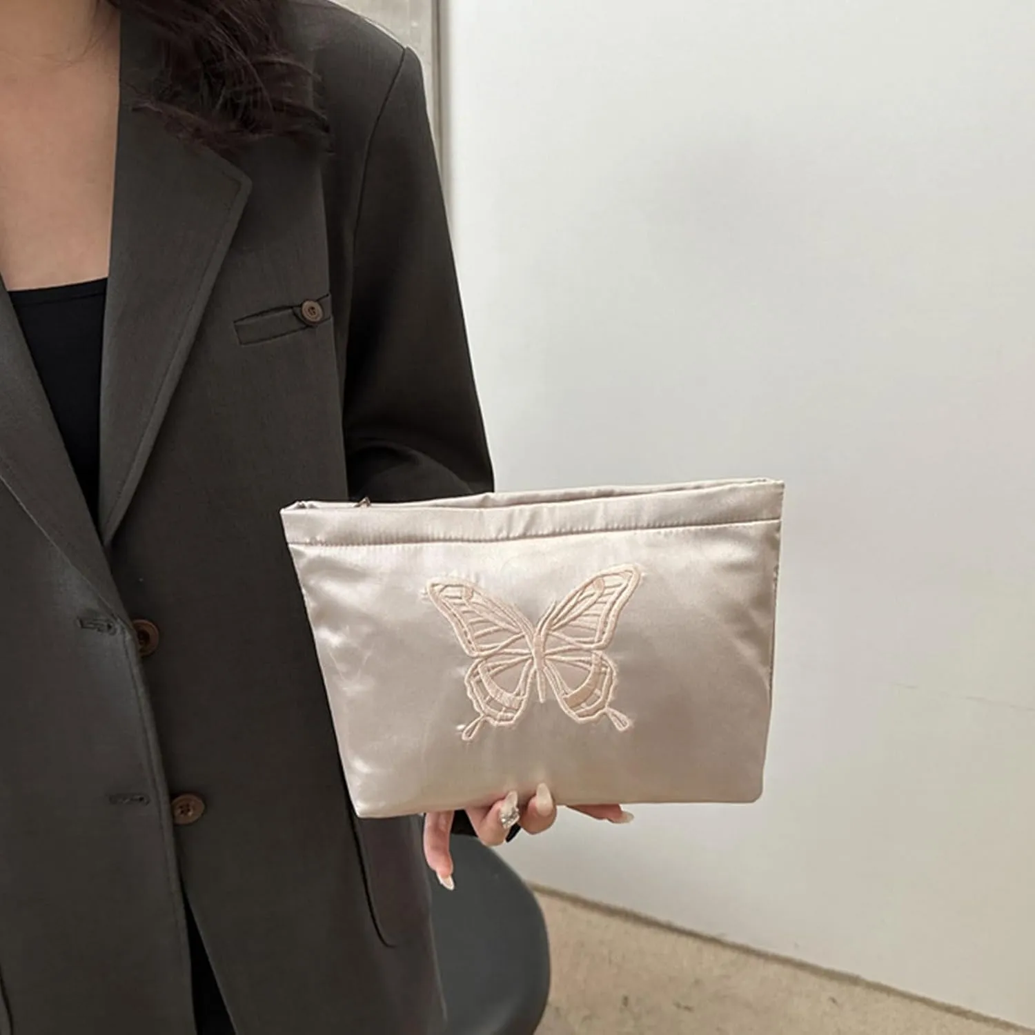 Fashion Satin Makeup bag with Butterfly Embroidery Cosmetic bag Cute Toiletry bag travel essentials (Light Pink)