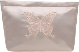 Fashion Satin Makeup bag with Butterfly Embroidery Cosmetic bag Cute Toiletry bag travel essentials (Light Pink)