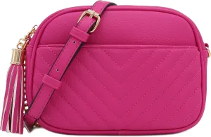 FashionPuzzle Chevron Quilted Crossbody Camera Bag with Chain Strap and Tassel