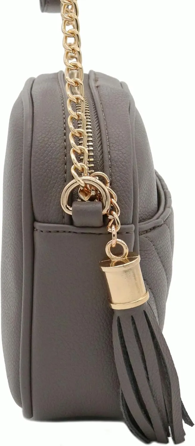 FashionPuzzle Chevron Quilted Crossbody Camera Bag with Chain Strap and Tassel