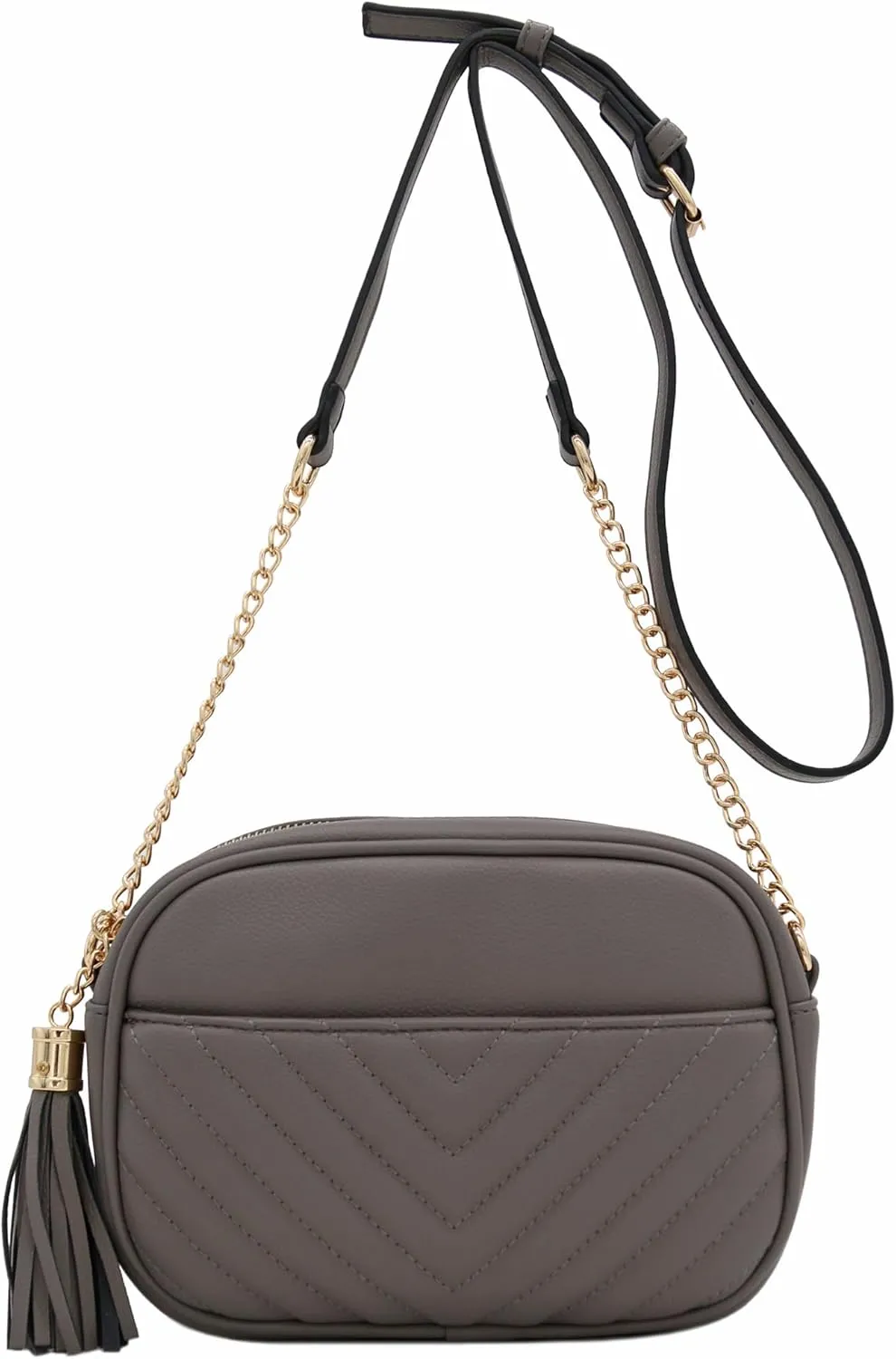 FashionPuzzle Chevron Quilted Crossbody Camera Bag with Chain Strap and Tassel