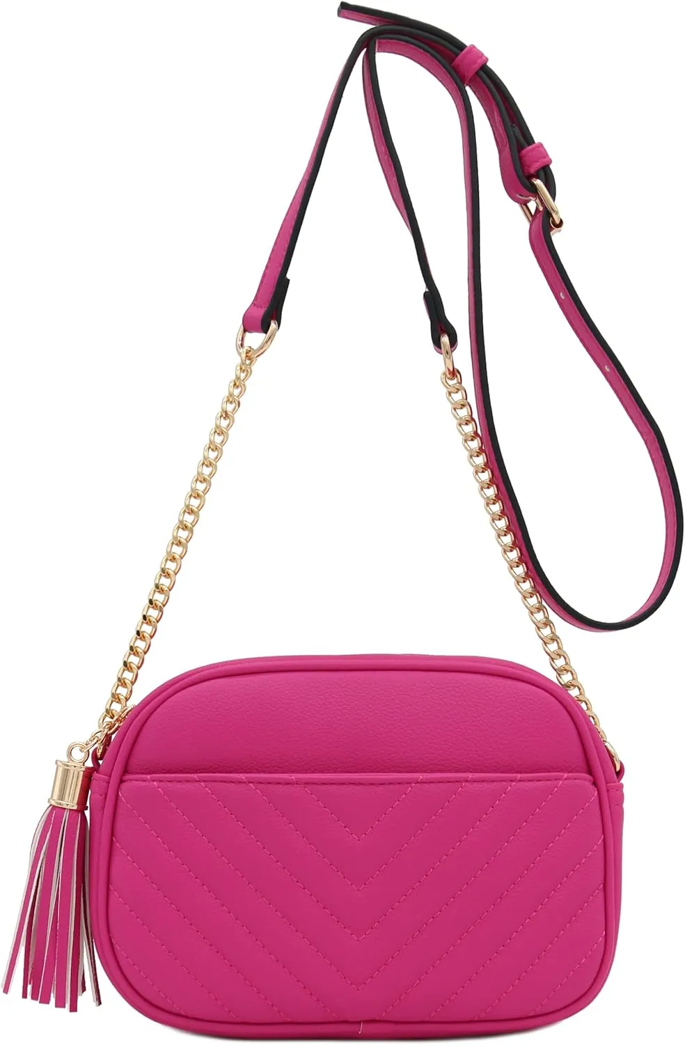 FashionPuzzle Chevron Quilted Crossbody Camera Bag with Chain Strap and Tassel