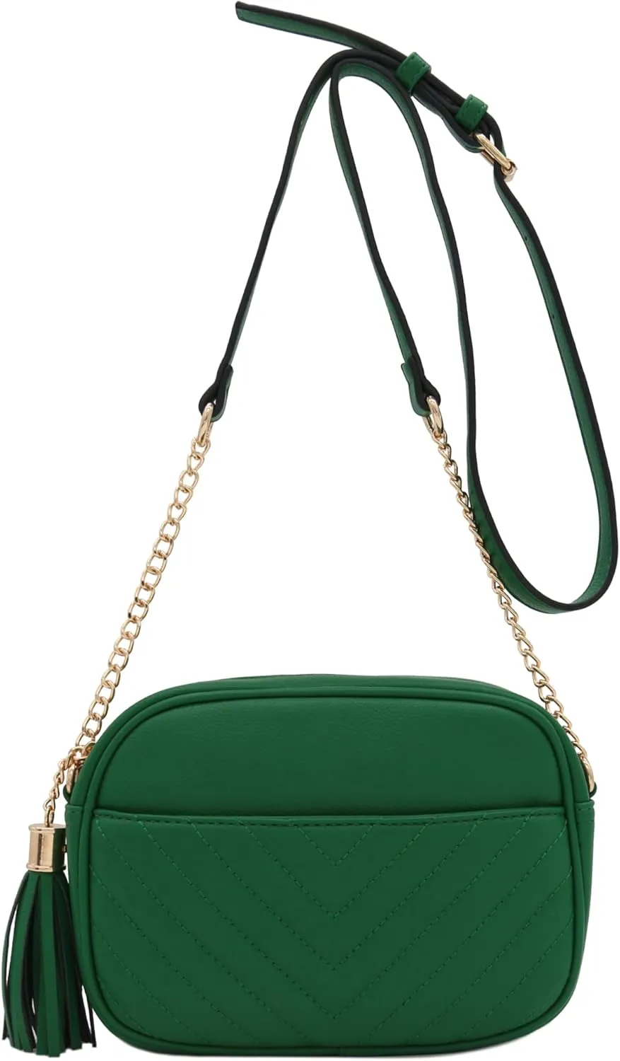 FashionPuzzle Chevron Quilted Crossbody Camera Bag with Chain Strap and Tassel