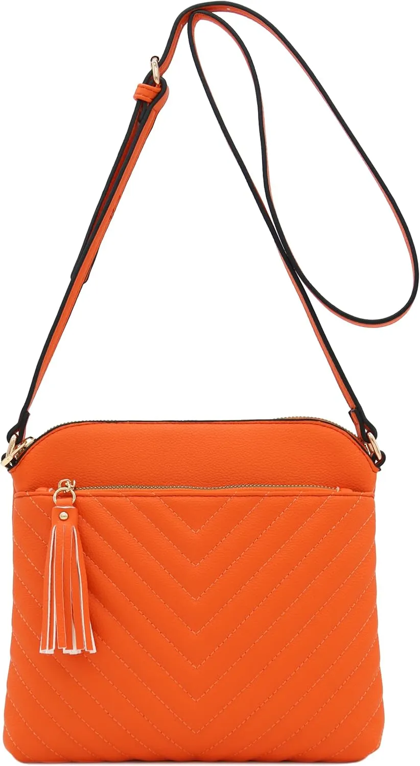 FashionPuzzle Chevron Quilted Medium Crossbody Bag with Tassel Accent