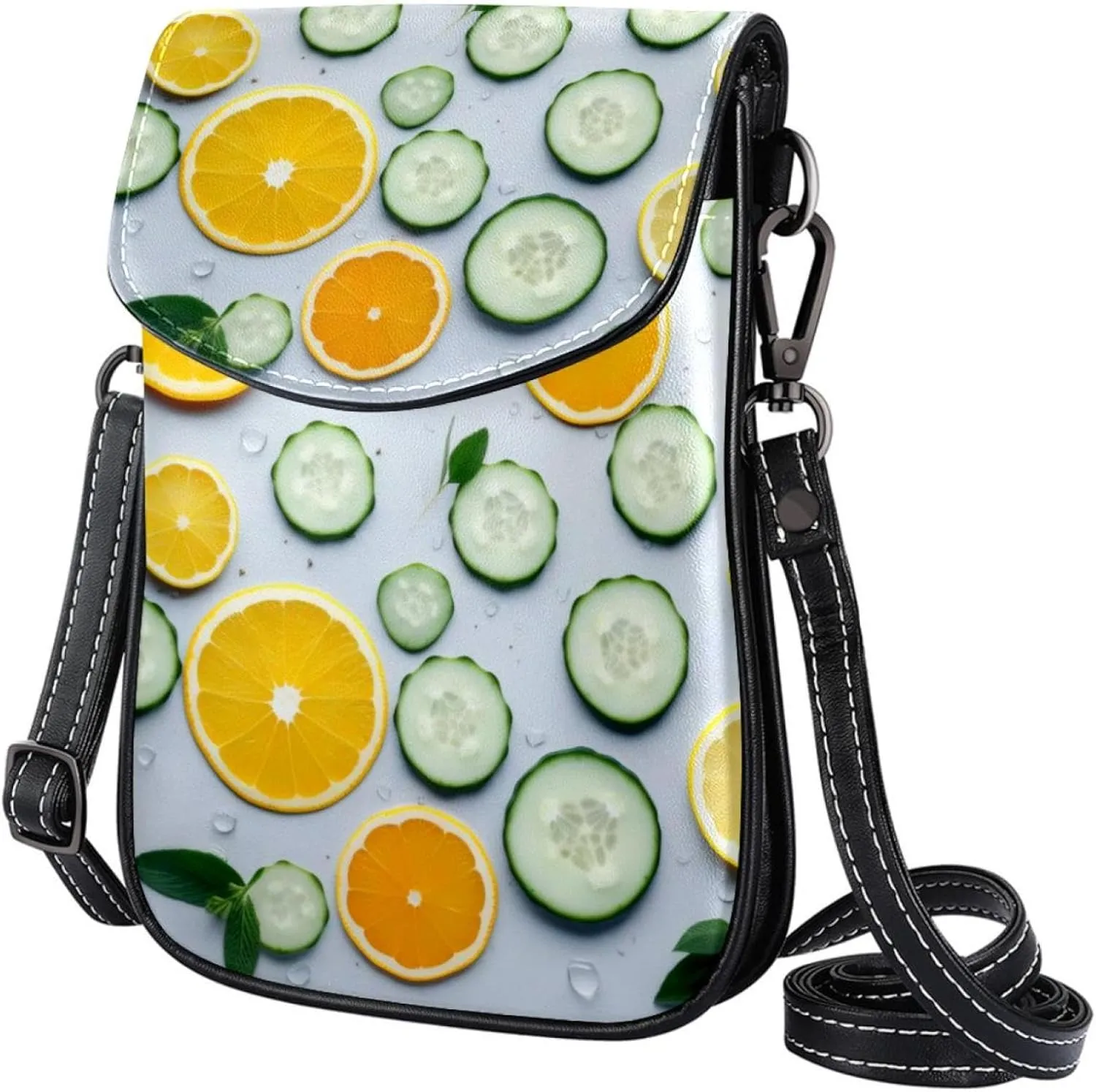 Faux Leather Crossbody Bag for Women, Messenger Bag, Shoulder Bag, Orange Cucumber Pattern