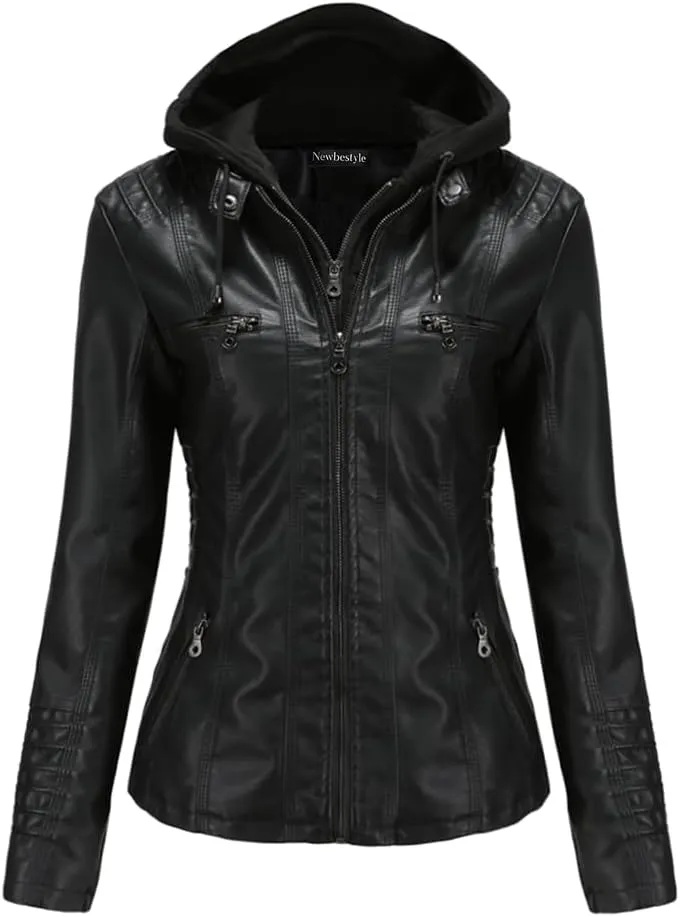 Faux Leather Jacket for Women Casual Moto Biker Jacket Quilted Full-Zip Coat