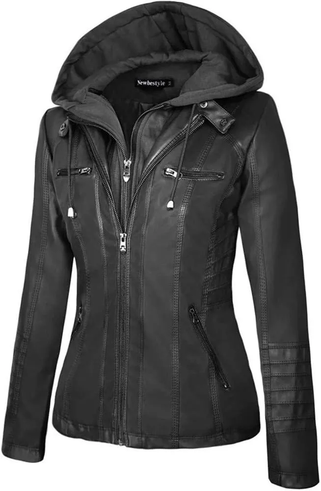 Faux Leather Jacket for Women Casual Moto Biker Jacket Quilted Full-Zip Coat