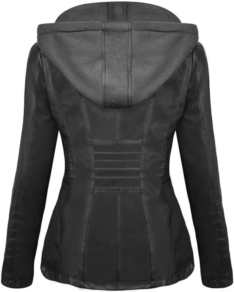 Faux Leather Jacket for Women Casual Moto Biker Jacket Quilted Full-Zip Coat