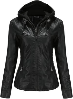 Faux Leather Jacket for Women Casual Moto Biker Jacket Quilted Full-Zip Coat