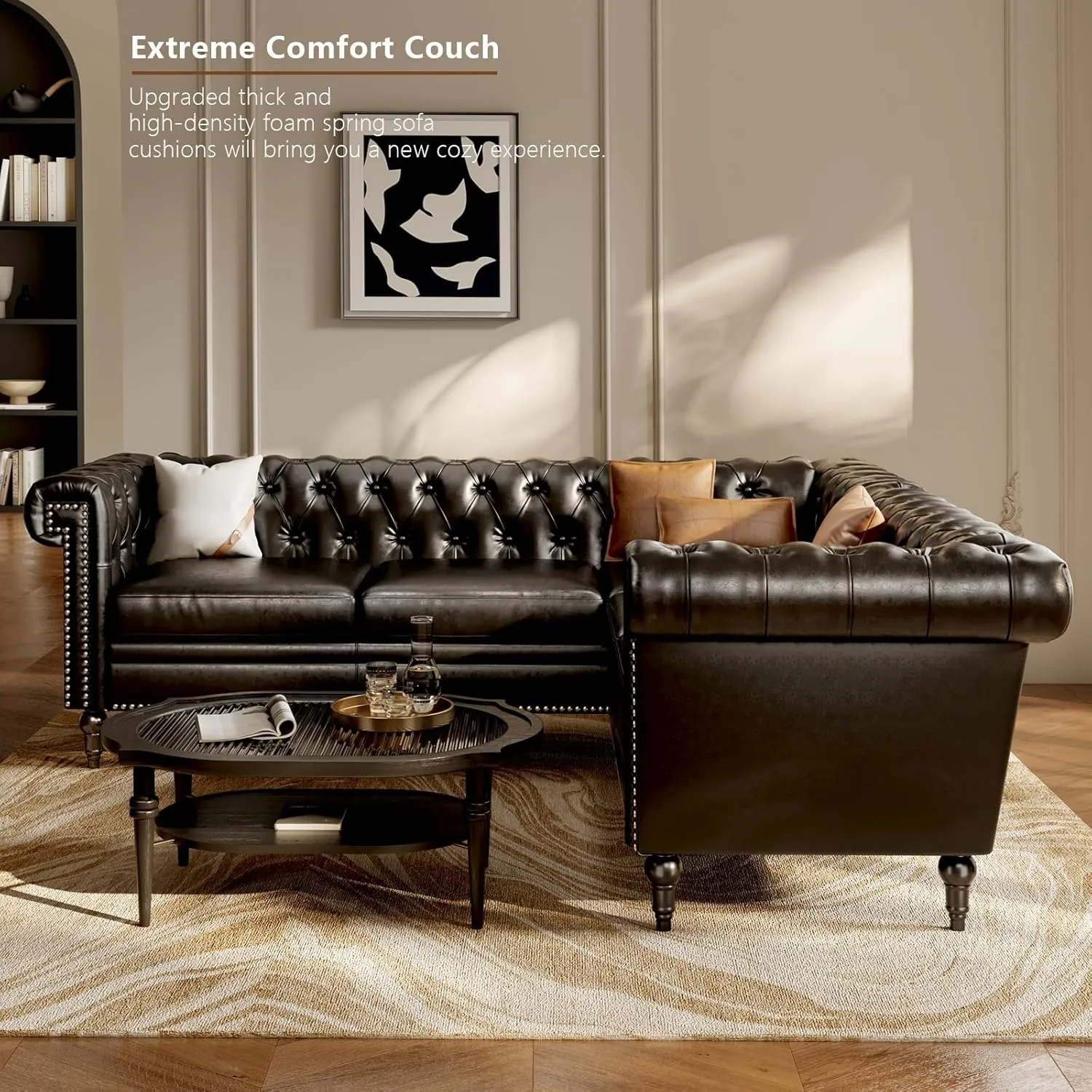 Faux Leather Sectional Sofa for Living Room, Modern Chesterfield Reversible L Shaped Couch with Rolled Arms and Nailhead, 5 Seat Corner Sofa Couch for Small or Large Space (Black)